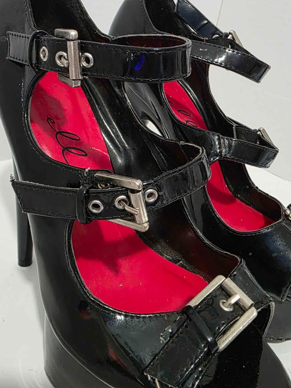 Ellie Black Patent Platform Stiletto Sandals Buckle Straps Women's Sz 9